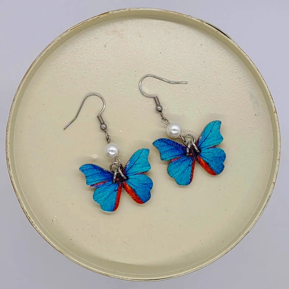 Indian Blue Butterfly Earrings with Faux Pearl Bead - Picture 1 of 4